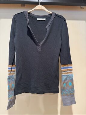 We The Free Black Long-Sleeve Henley with Patterned Cuffs